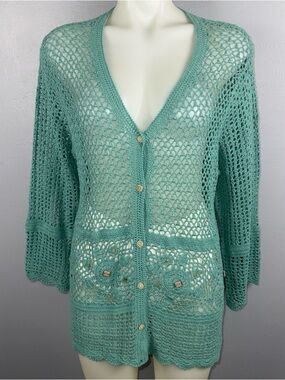 KORET Vintage Crochet Cardigan Women’s XL Turquoise Embellishment Bohemian